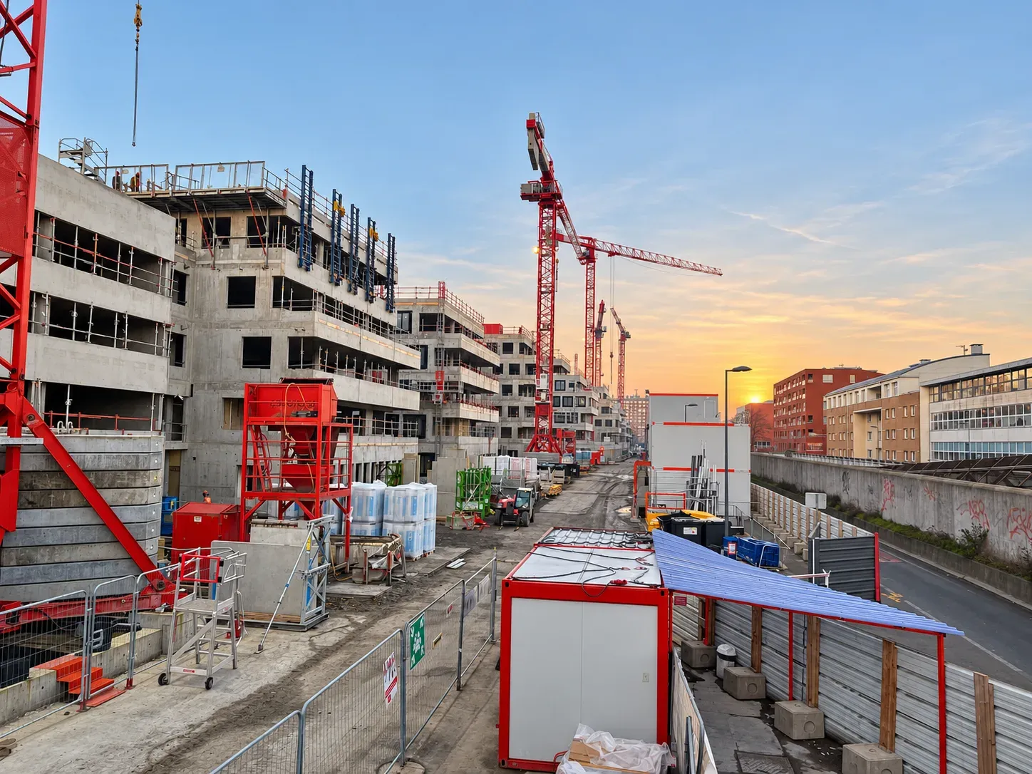Chantier de la Cité Marianne à Lille au coucher du soleil, structures en béton et grues rouges