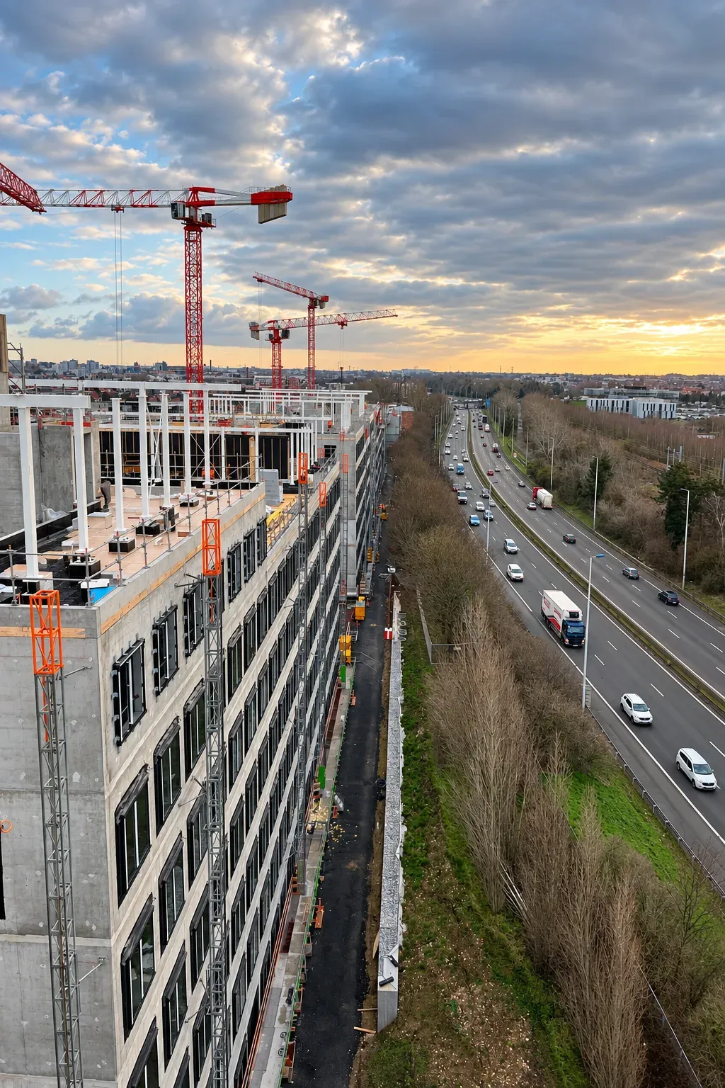 Vue en hauteur du chantier de la Cité Marianne à Lille, structure en béton, grues et autoroute voisine