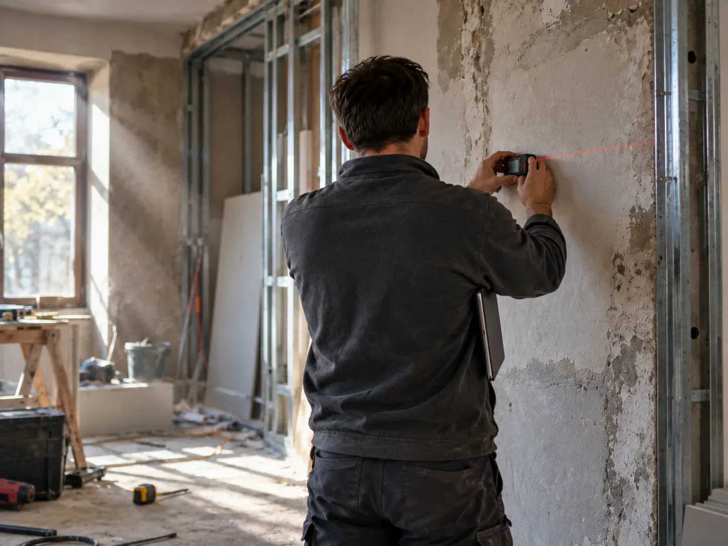 Professionnel du bâtiment vu de dos mesurant un mur au télémètre laser dans une pièce en cours de rénovation