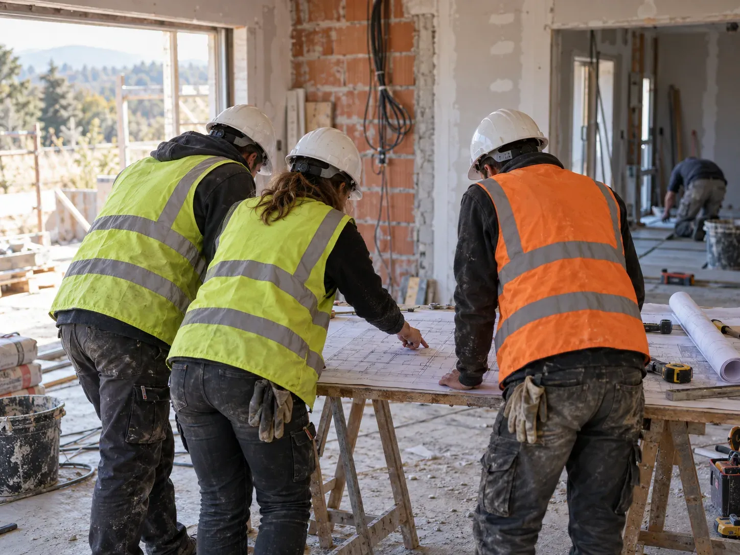 Trois professionnels en casque et gilet de sécurité, vus de dos, consultant un plan sur des tréteaux dans une maison en cours de rénovation