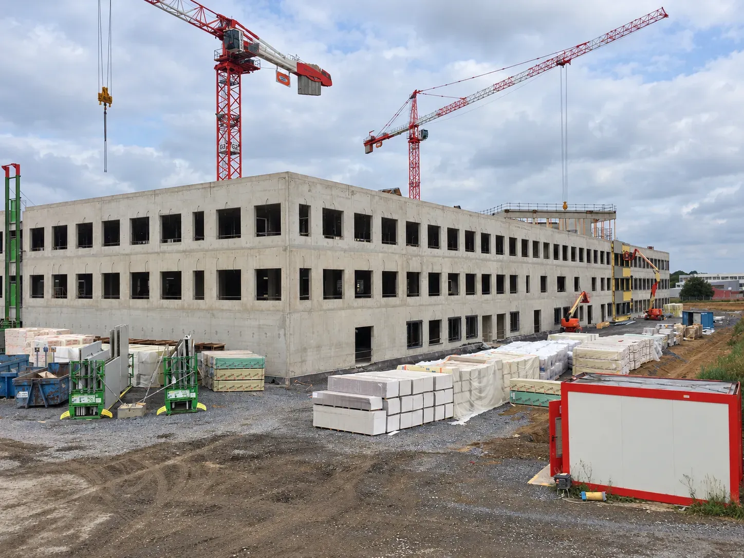 Façade en béton du futur hôpital Sambre Avesnois à Maubeuge avec ses ouvertures et des matériaux stockés