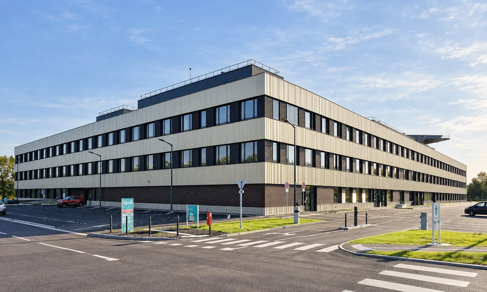 Nouvel hôpital Sambre Avesnois à Maubeuge terminé, façades à bardage clair et bandeaux de fenêtres sombres