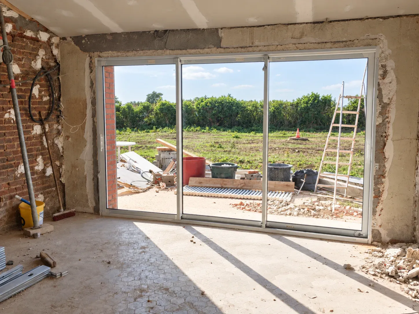 Baie vitrée coulissante posée dans un salon en cours de rénovation, murs bruts et vue sur le jardin